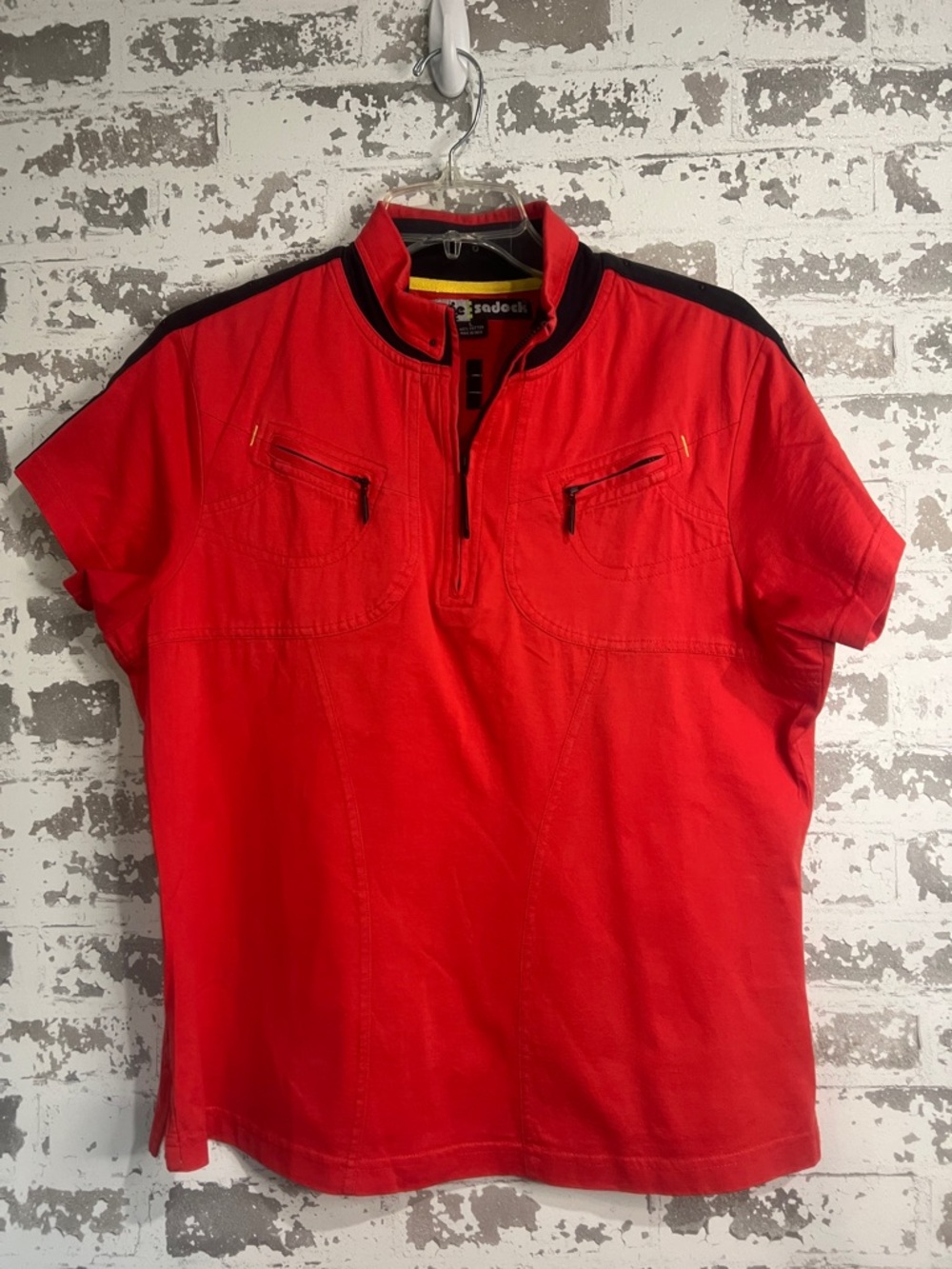 jamie sadock Red Polo with Black Trim and Yellow Collar